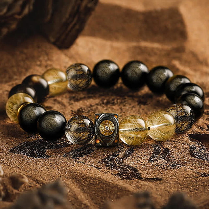 Bracciale da uomo con perline in quarzo rutilato e ossidiana color oro Olivenorma 