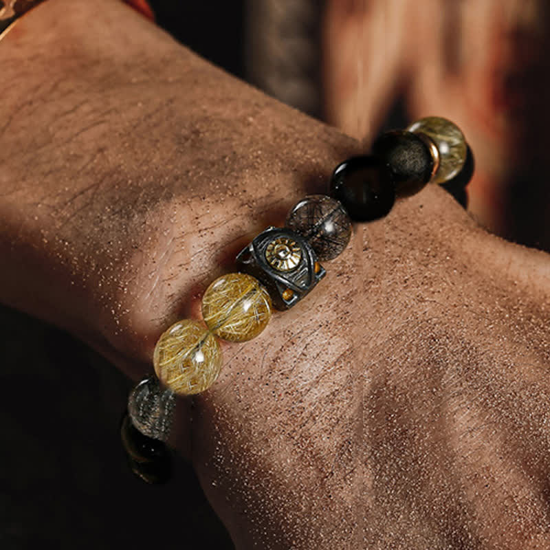 Bracciale da uomo con perline in quarzo rutilato e ossidiana color oro Olivenorma 