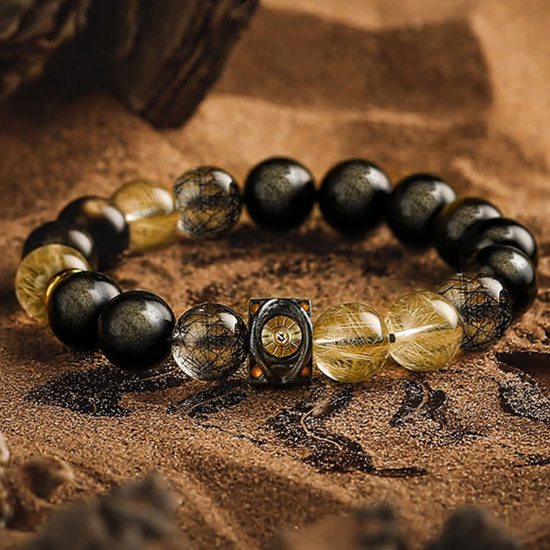 Bracciale da uomo con perline in quarzo rutilato e ossidiana color oro Olivenorma - Ossidiana dorata e quarzo rutilato dorato - 17-18 cm - image 0