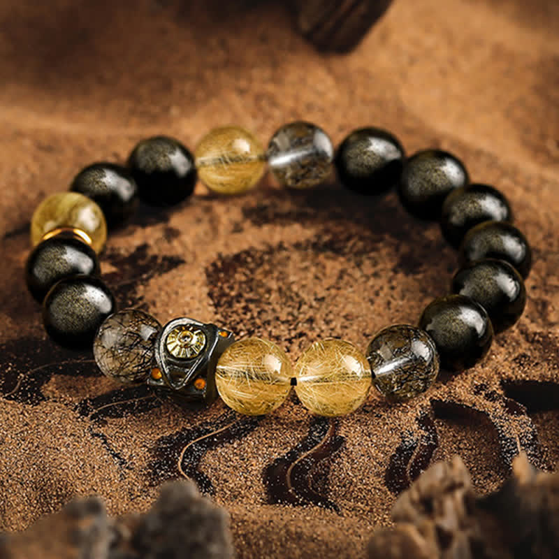 Bracciale da uomo con perline in quarzo rutilato e ossidiana color oro Olivenorma 