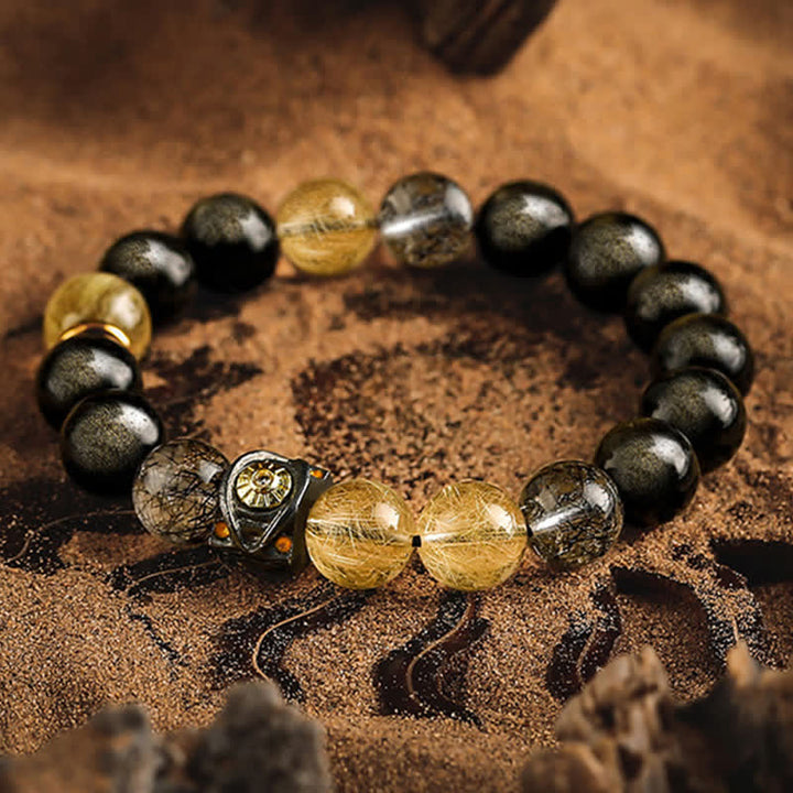 Bracciale da uomo con perline in quarzo rutilato e ossidiana color oro Olivenorma 