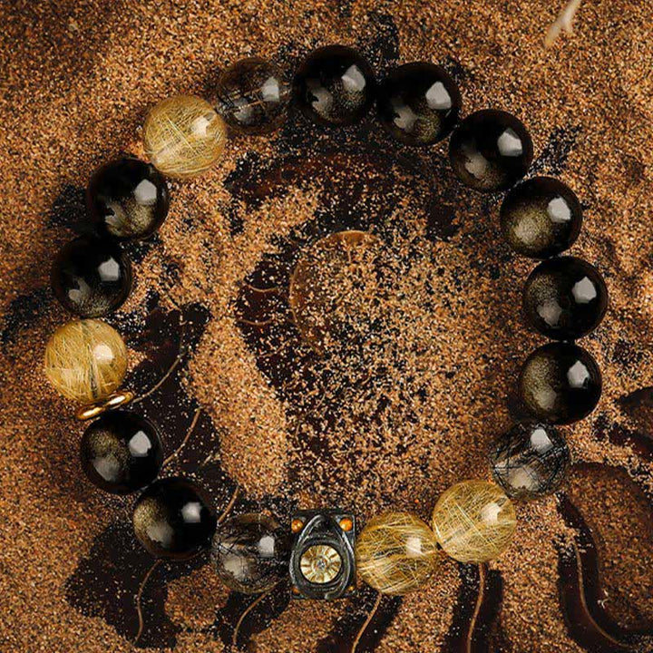 Bracciale da uomo con perline in quarzo rutilato e ossidiana color oro Olivenorma 