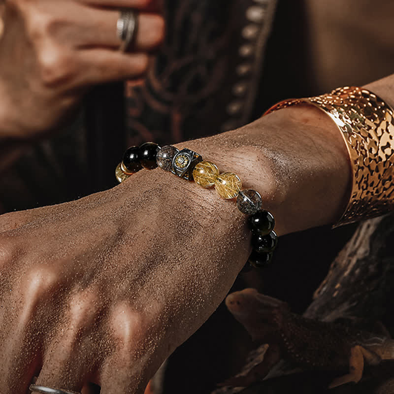 Bracciale da uomo con perline in quarzo rutilato e ossidiana color oro Olivenorma 