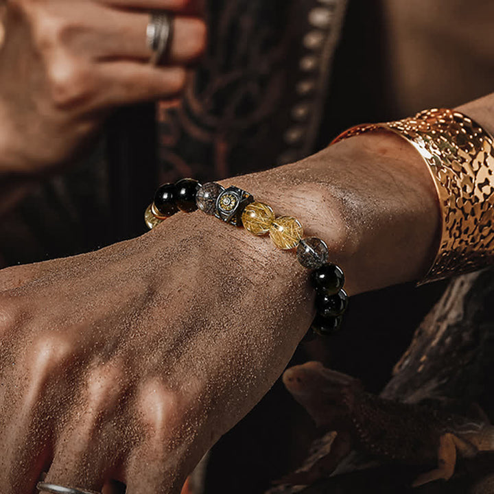 Bracciale da uomo con perline in quarzo rutilato e ossidiana color oro Olivenorma 