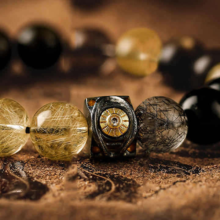 Bracciale da uomo con perline in quarzo rutilato e ossidiana color oro Olivenorma 