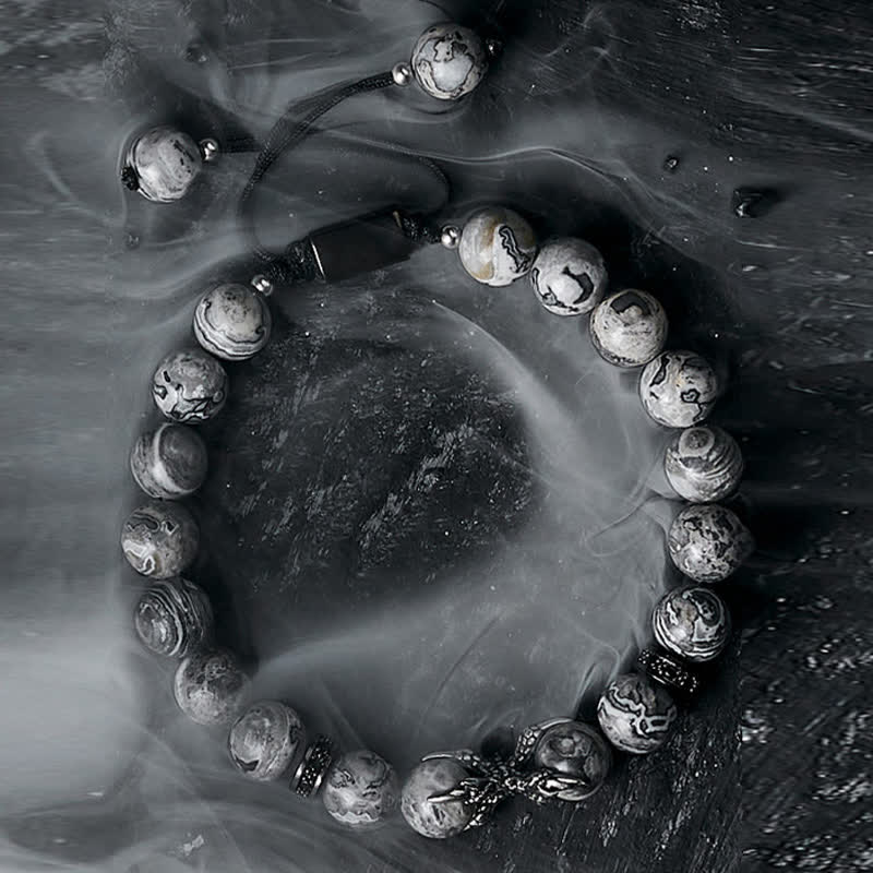 Bracciale di perline da uomo in ossidiana naturale diaspro grigio Olivenorma 