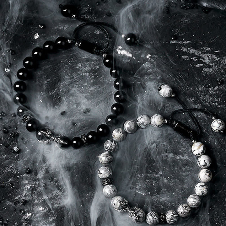Bracciale di perline da uomo in ossidiana naturale diaspro grigio Olivenorma 