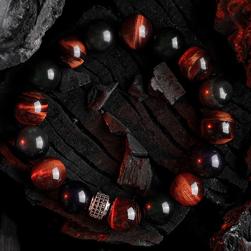 Olivenorma Bracciale da uomo con perline in occhio di tigre naturale da 12 mm