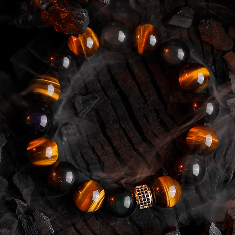 Olivenorma Bracciale da uomo con perline in occhio di tigre naturale da 12 mm