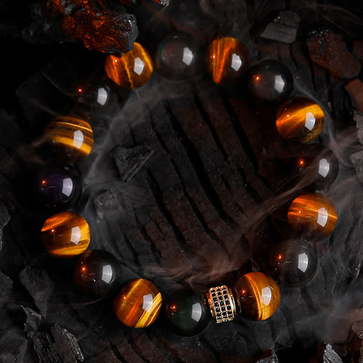 Olivenorma Bracciale da uomo con perline in occhio di tigre naturale da 12 mm