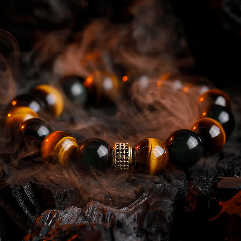 Olivenorma Bracciale da uomo con perline in occhio di tigre naturale da 12 mm - Occhio di tigre - 18 centimetri - image 0