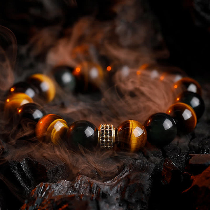 Olivenorma Bracciale da uomo con perline in occhio di tigre naturale da 12 mm - Occhio di tigre - 18 centimetri - image 0
