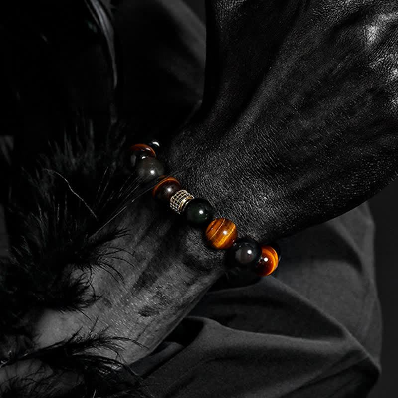 Olivenorma Bracciale da uomo con perline in occhio di tigre naturale da 12 mm