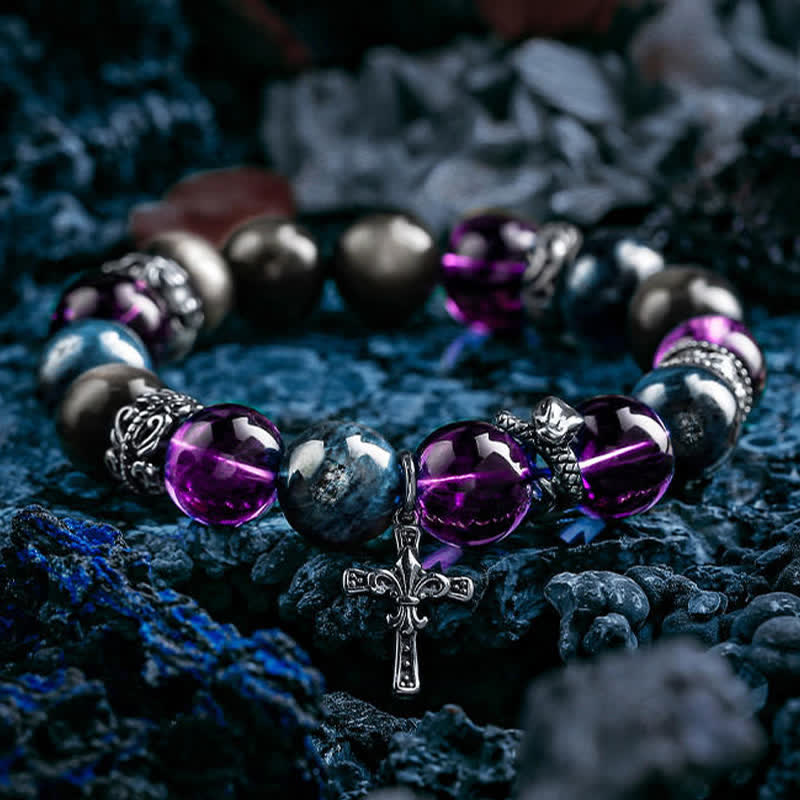 Bracciale da uomo con perline in ametista, ossidiana, apatite blu Olivenorma - 17 centimetri - image 0
