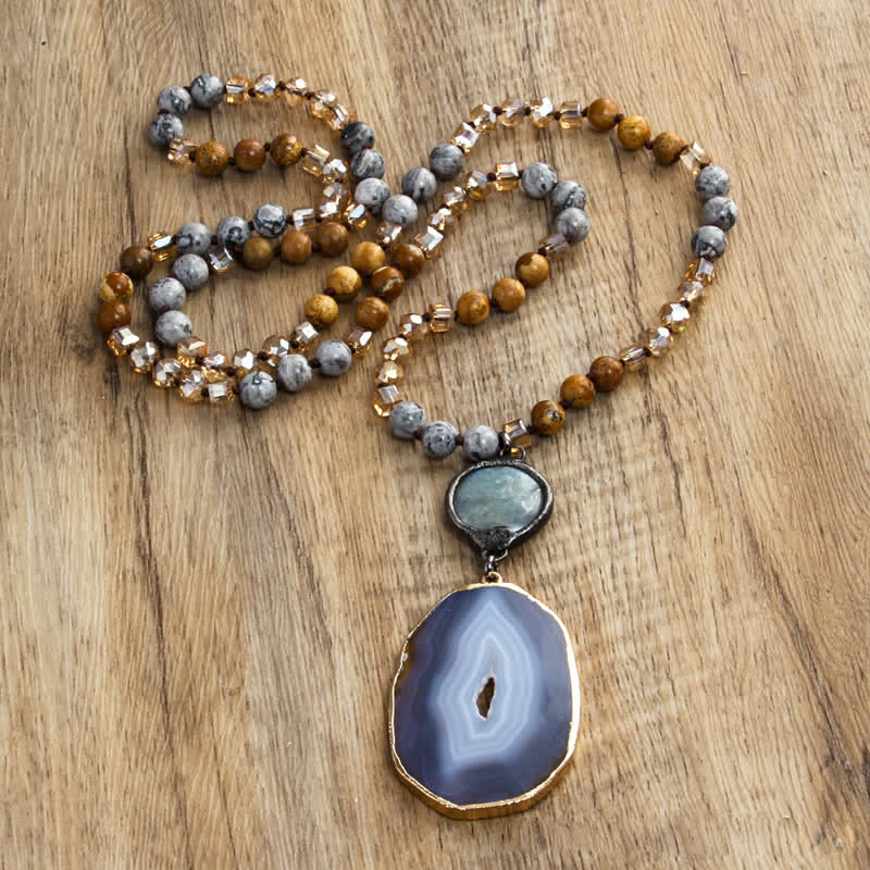 Olivenorma Collana con ciondolo in agata in stile bohémien con perline da 8 mm