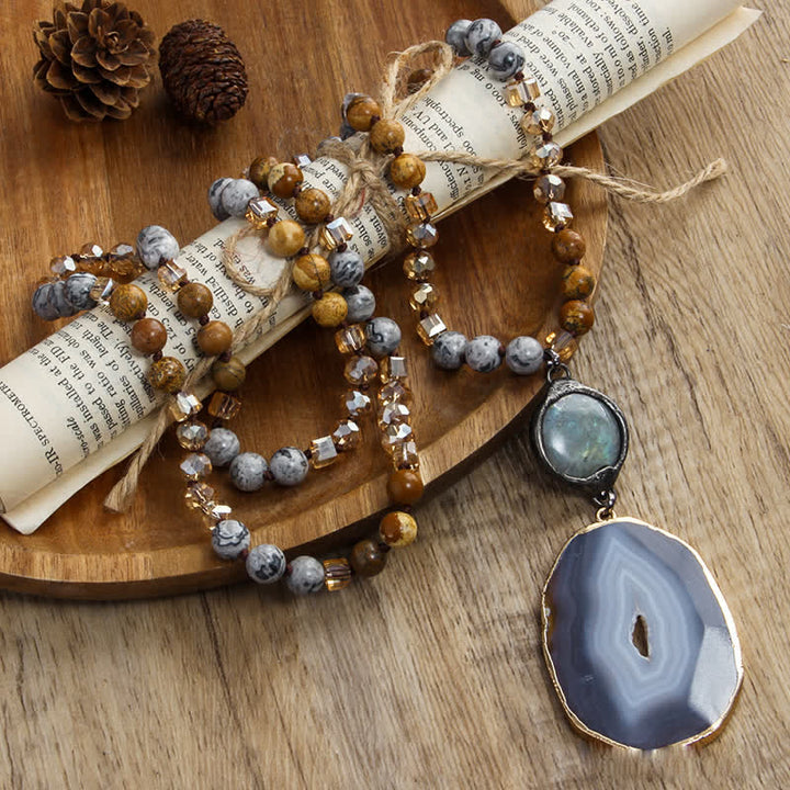 Olivenorma Collana con ciondolo in agata in stile bohémien con perline da 8 mm