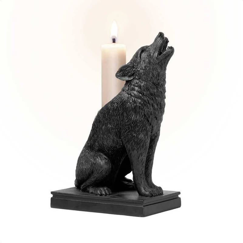 Olivenorma Portacandele con statuetta di lupo e gatto gotico