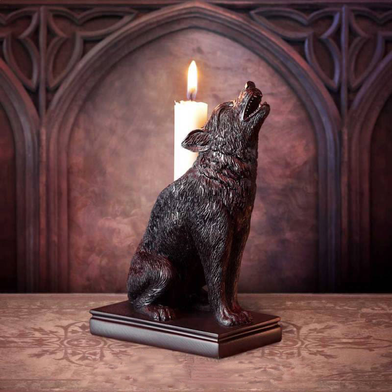 Olivenorma Portacandele con statuetta di lupo e gatto gotico