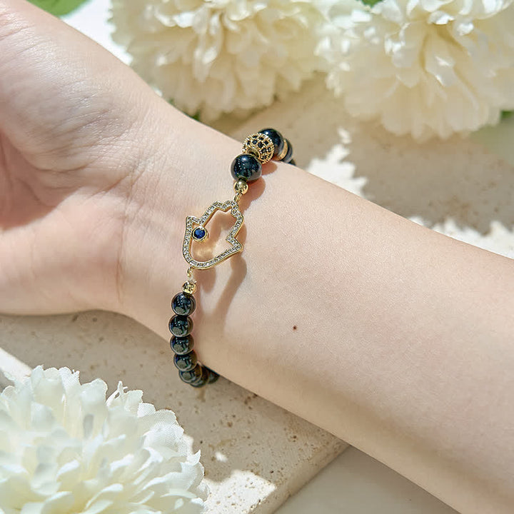 Olivenorma Bracciale con ciondolo Hamsa in perle di ossidiana naturale