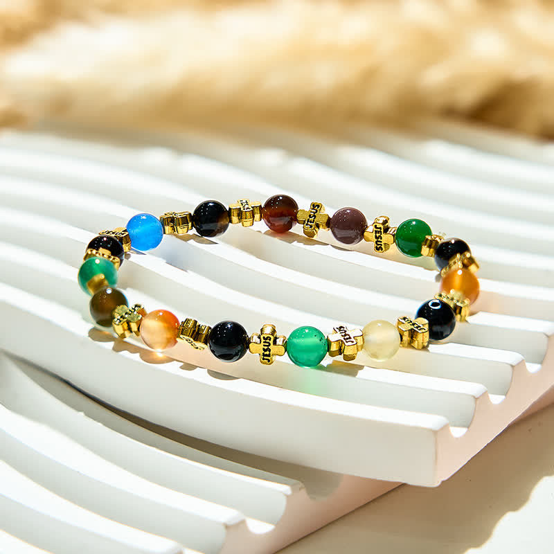 Olivenorma Bracciale con perline a croce in metallo dorato e agata naturale da 6 mm 