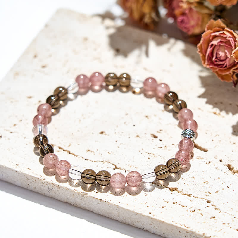Bracciale Olivenorma con perline di quarzo fragola e occhio di tigre naturale 