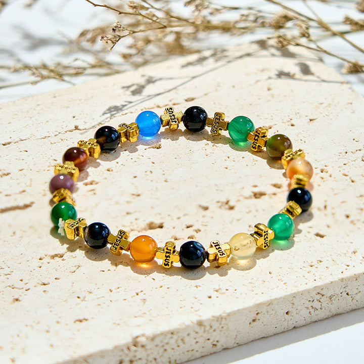 Olivenorma Bracciale con perline a croce in metallo dorato e agata naturale da 6 mm 