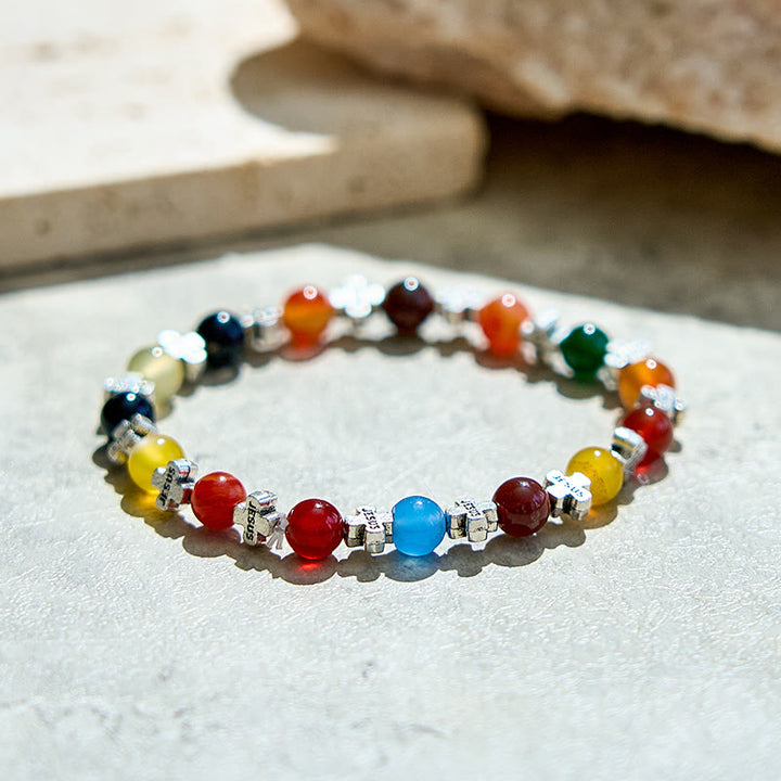 Olivenorma Bracciale con perline a croce in metallo dorato e agata naturale da 6 mm 