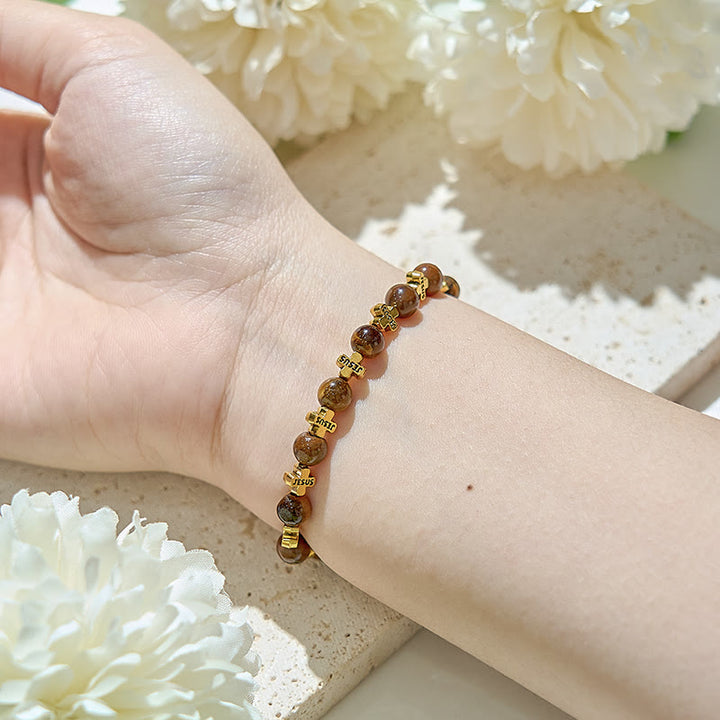 Olivenorma Bracciale con perline a croce in metallo dorato e agata naturale da 6 mm 