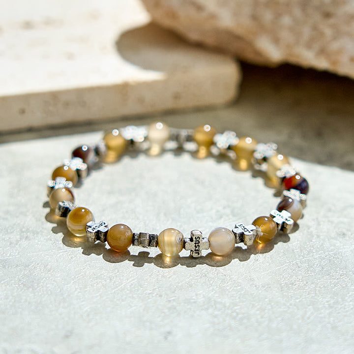 Olivenorma Bracciale con perline a croce in metallo dorato e agata naturale da 6 mm 