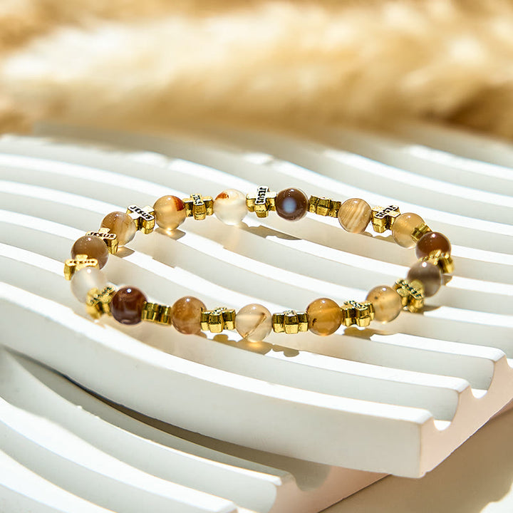 Olivenorma Bracciale con perline a croce in metallo dorato e agata naturale da 6 mm 