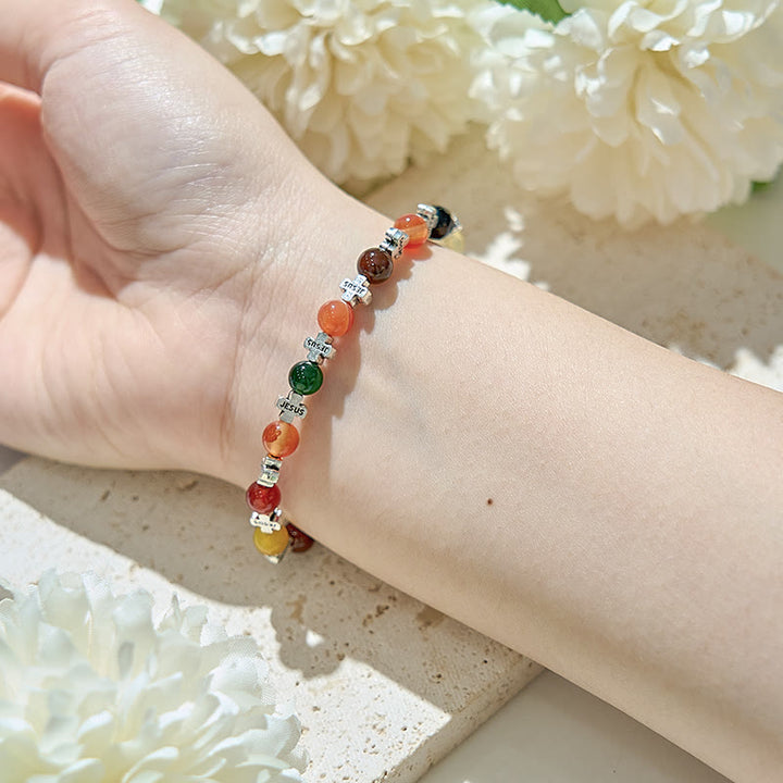 Olivenorma Bracciale con perline a croce in metallo argentato e agata naturale da 6 mm 