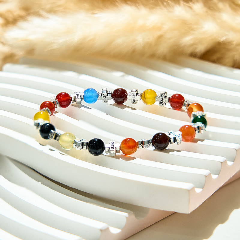 Olivenorma Bracciale con perline a croce in metallo argentato e agata naturale da 6 mm 
