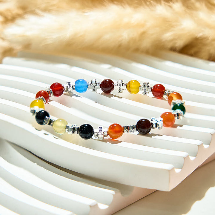 Olivenorma Bracciale con perline a croce in metallo argentato e agata naturale da 6 mm 