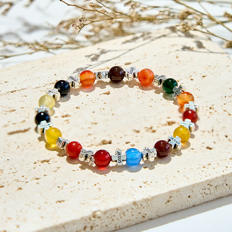 Olivenorma Bracciale con perline a croce in metallo argentato e agata naturale da 6 mm 