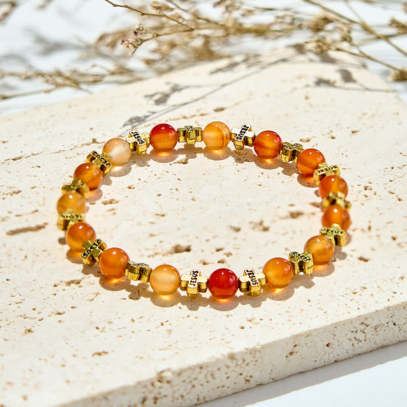 Olivenorma Bracciale con perline a croce in metallo argentato e agata rossa naturale 
