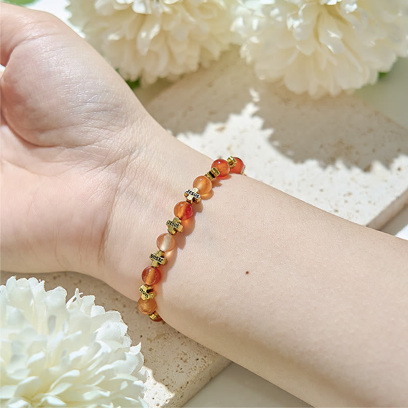 Olivenorma Bracciale con perline a croce in metallo argentato e agata rossa naturale 
