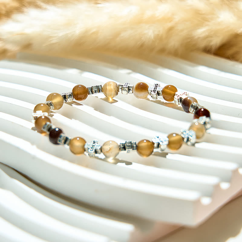 Olivenorma Bracciale con perline a croce in metallo argentato e agata naturale da 6 mm 