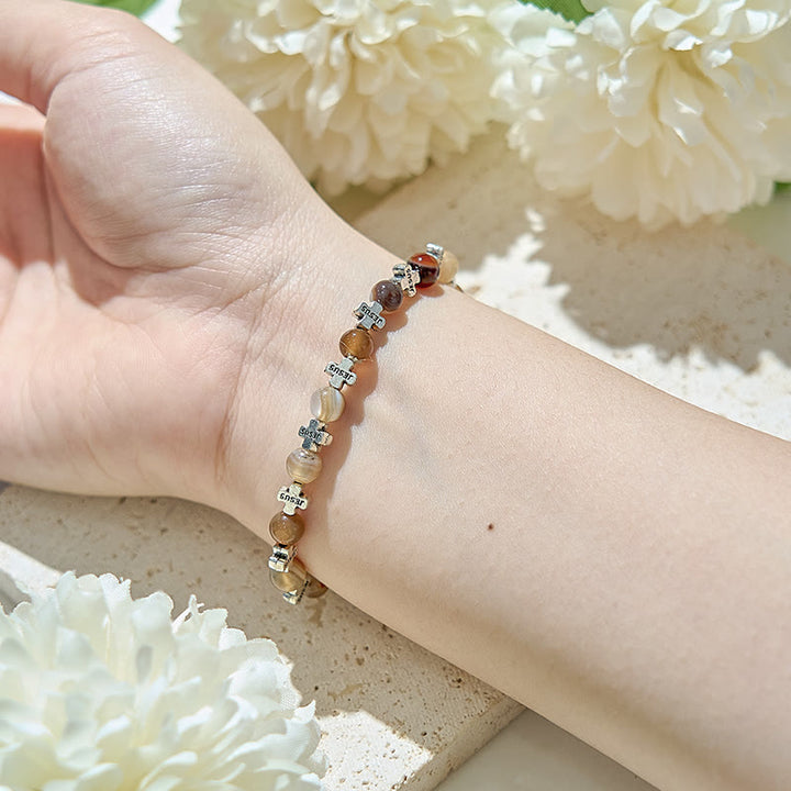 Olivenorma Bracciale con perline a croce in metallo argentato e agata naturale da 6 mm 