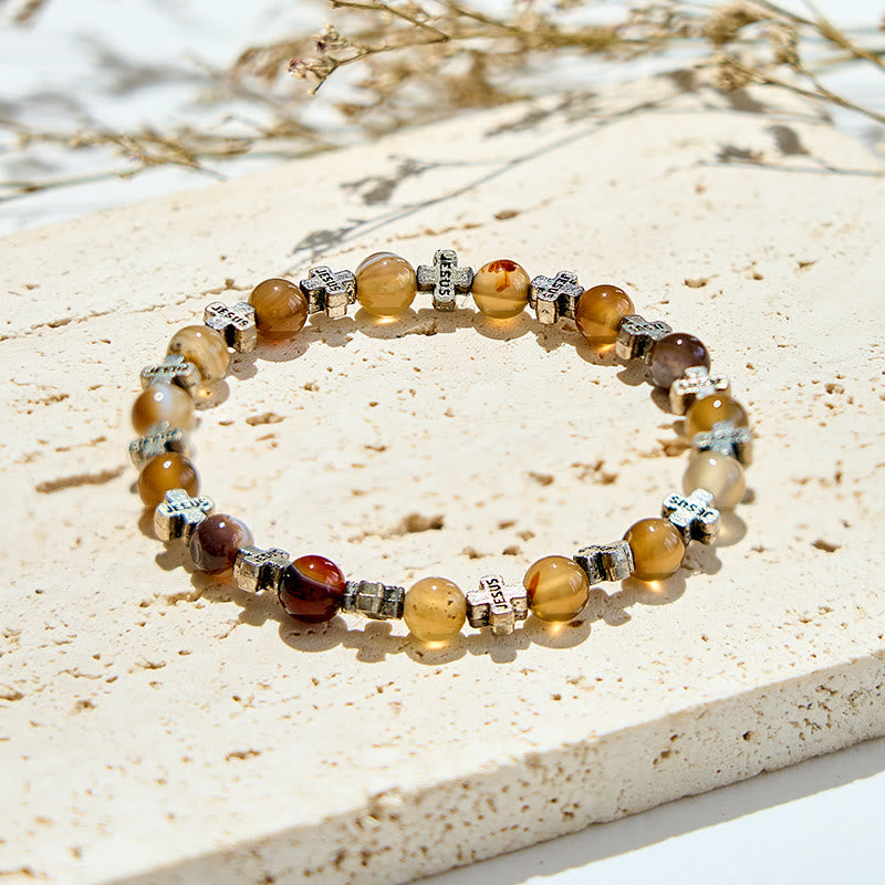 Olivenorma Bracciale con perline a croce in metallo argentato e agata naturale da 6 mm 