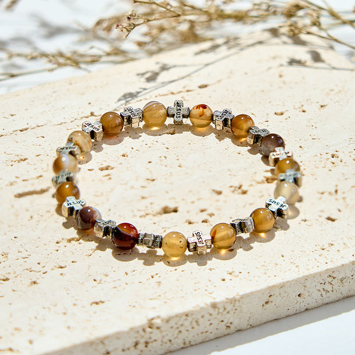 Olivenorma Bracciale con perline a croce in metallo argentato e agata naturale da 6 mm 