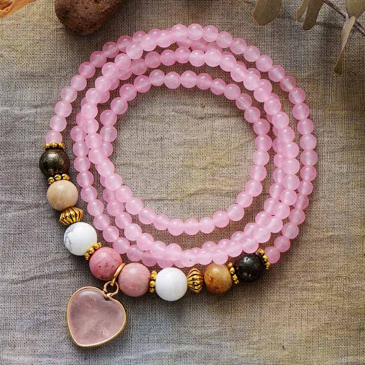 Bracciale multistrato con perline di rodonite e quarzo rosa Olivenorma 
