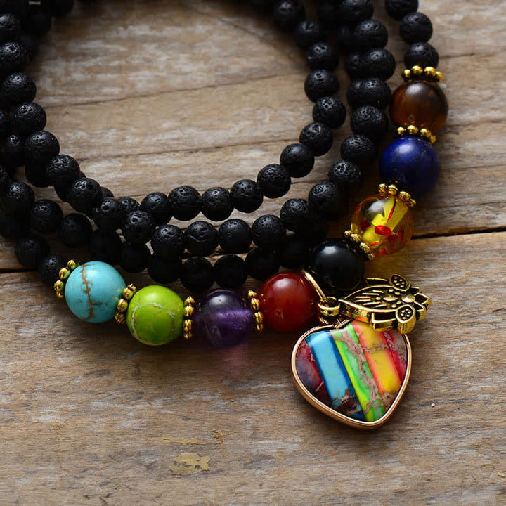 Olivenorma Chakra Ciondolo Pietra Lavica Perline Bracciale multistrato 