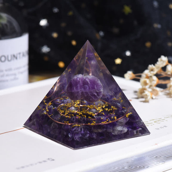 Sfera di cristallo di ametista Olivenorma Cerchio di metallo Piramide di orgone