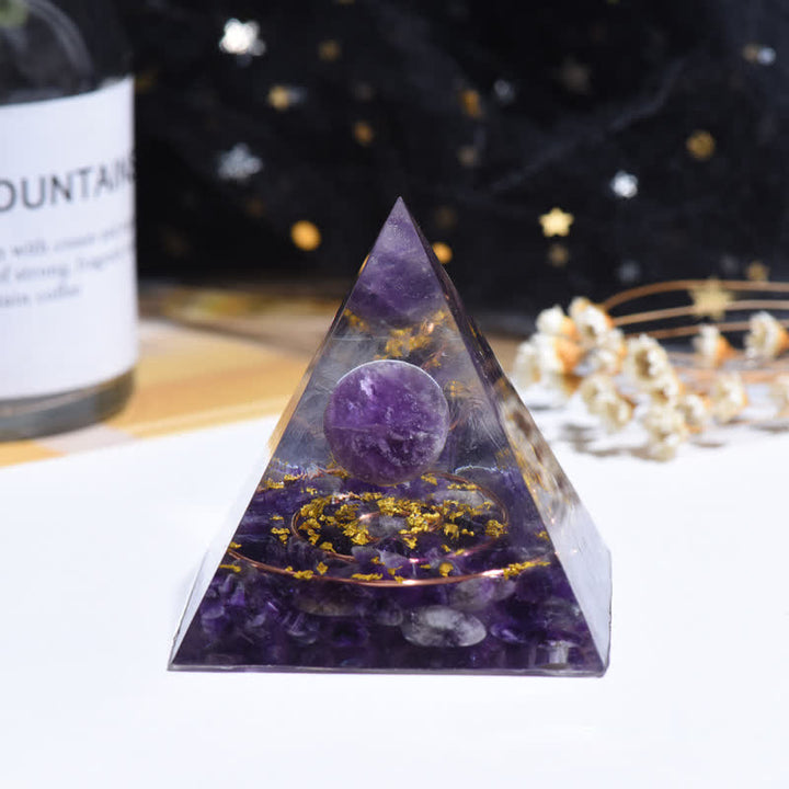 Sfera di cristallo di ametista Olivenorma Cerchio di metallo Piramide di orgone