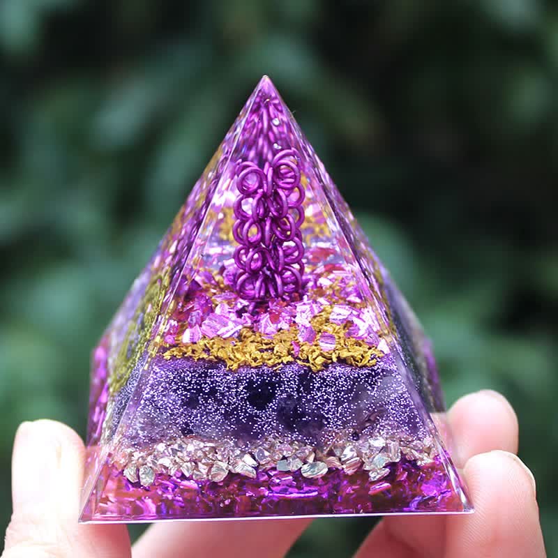 Olivenorma Ametista Pietra Filo di metallo Simbolo Om Piramide Orgone