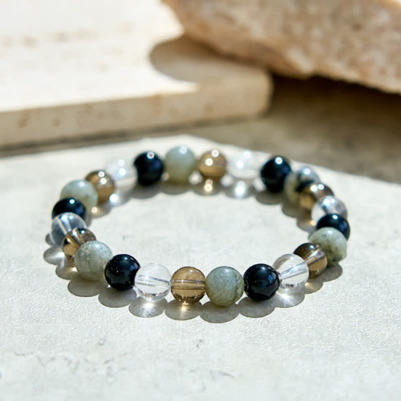 Braccialetto di perline in quarzo fumé con ossidiana e labradorite trasparente Olivenorma