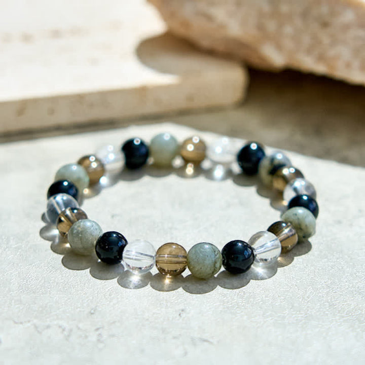 Braccialetto di perline in quarzo fumé con ossidiana e labradorite trasparente Olivenorma