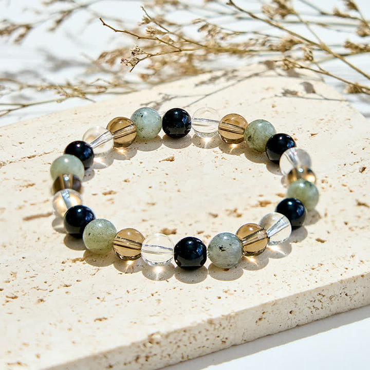Braccialetto di perline in quarzo fumé con ossidiana e labradorite trasparente Olivenorma