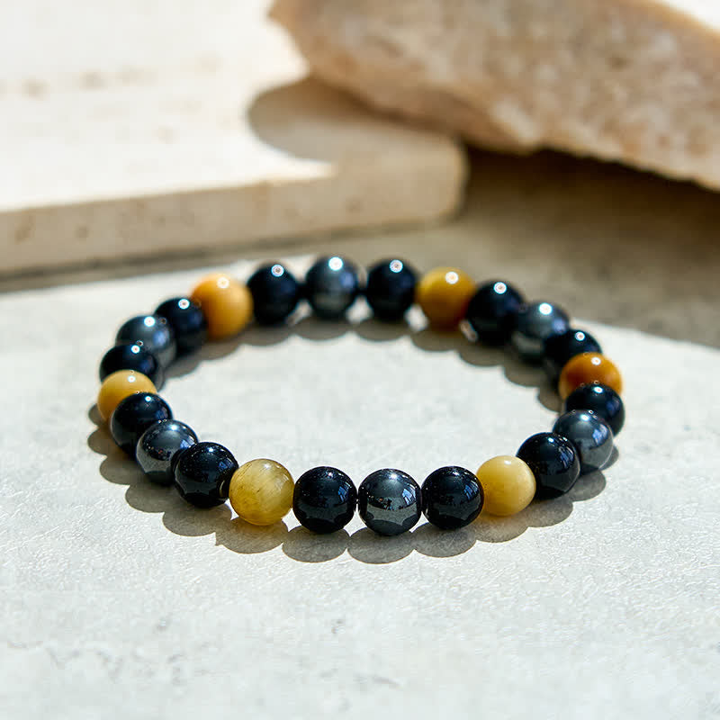 Braccialetto di perline in ematite e ossidiana con occhio di tigre giallo Olivenorma 