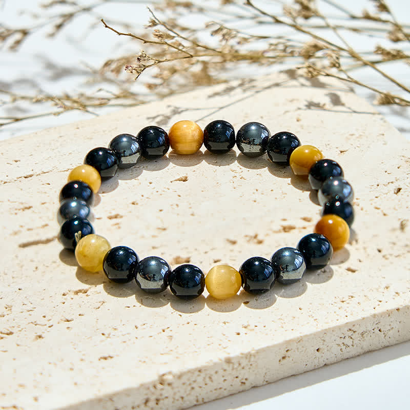Braccialetto di perline in ematite e ossidiana con occhio di tigre giallo Olivenorma 